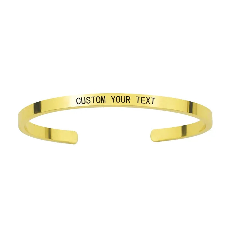 Customised Men's Bracelet – Whisper Cuff Bangle in Gold with a "CUSTOM YOUR TEXT" engraving demo.