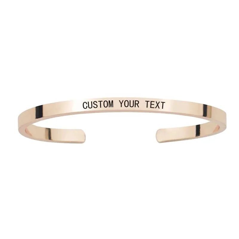 Customised Men's Bracelet – Whisper Cuff Bangle in Rose Gold with a "CUSTOM YOUR TEXT" engraving demo.