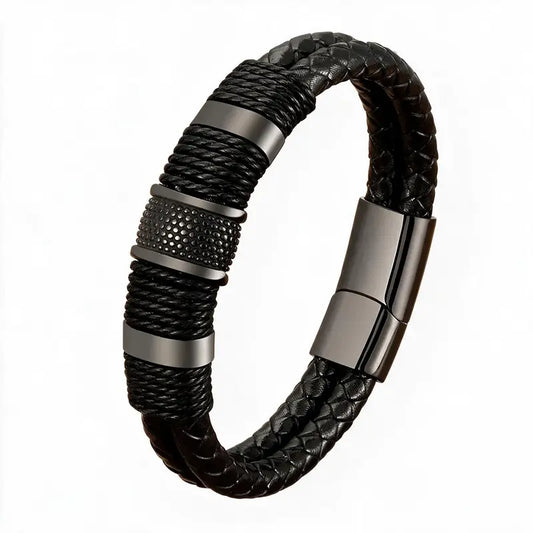 Black woven leather rope bracelet with textured stainless steel rondelle beads, on a white background.