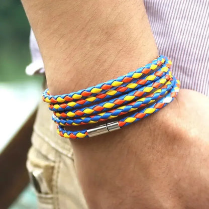 Multicolor braided leather bracelet wrapped five times around the wrist
