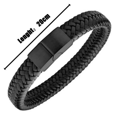 Diagram of the black braided leather bracelet labeled with its 20cm length, on a white background.