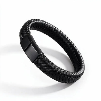 Black braided leather bracelet with a matte black magnetic clasp, on a white background.