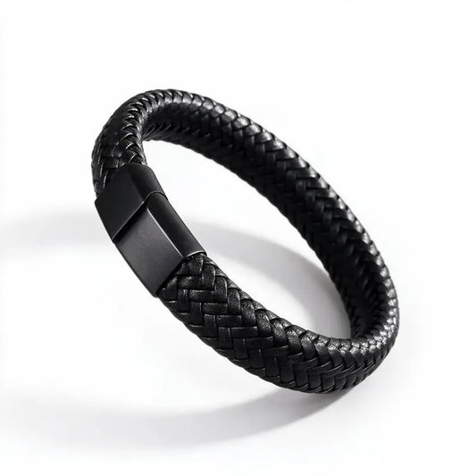 Black braided leather bracelet with a matte black magnetic clasp, on a white background.
