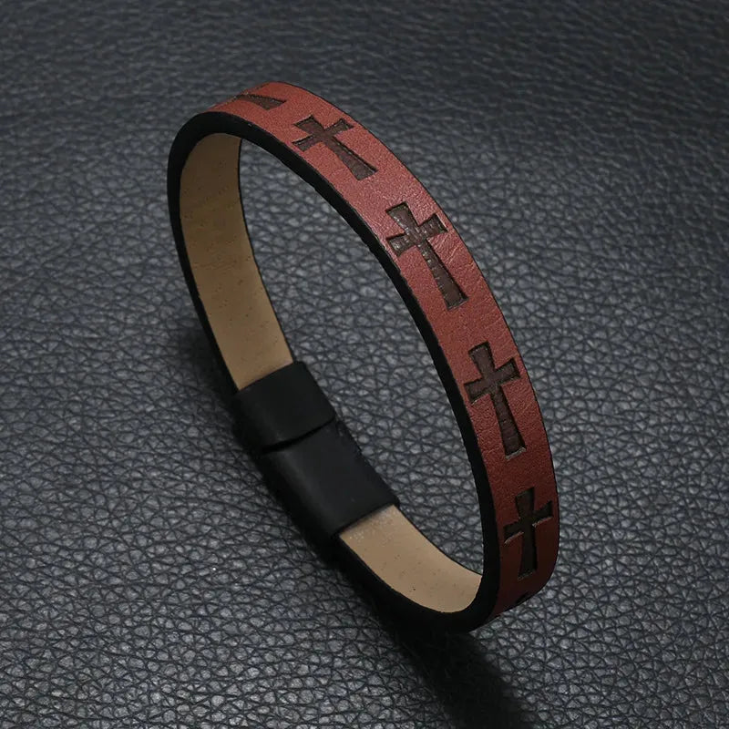 Wine leather bracelet with an embossed cross pattern and magnetic clasp