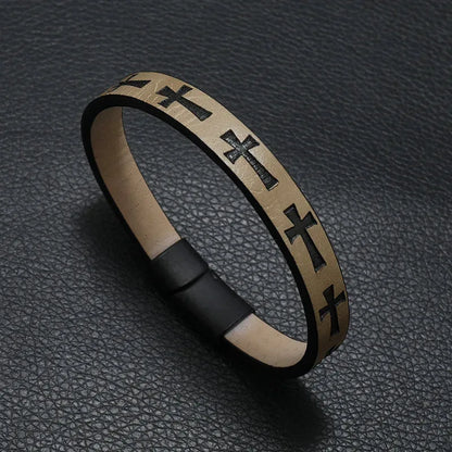 Khaki leather bracelet with an embossed cross pattern and magnetic clasp