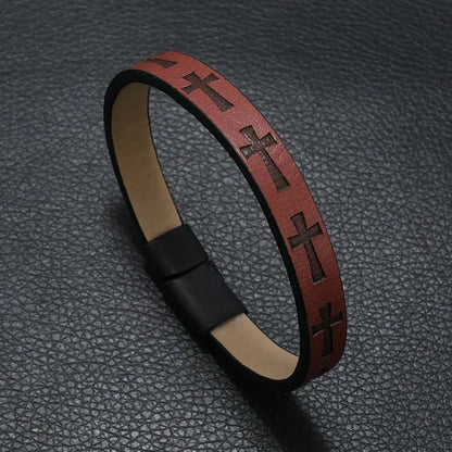 Wine leather bracelet with an embossed cross pattern and magnetic clasp