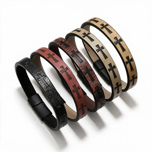 Four leather cross embossed bracelets in black, wine, brown, and khaki, on a white background.