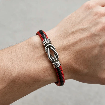 Black leather bracelet with a silver infinity-knot centerpiece clasp, worn on a man's wrist.