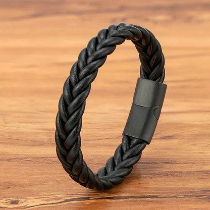 Black leather herringbone braid bracelet with a magnetic clasp