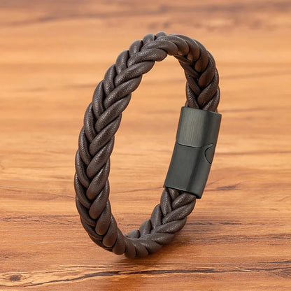Brown leather herringbone braid bracelet with a magnetic clasp
