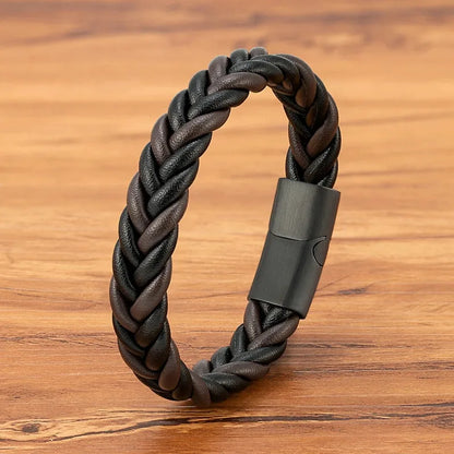 Brown and black two-tone leather herringbone braid bracelet with a magnetic clasp