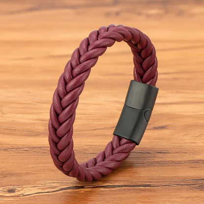 Wine red leather herringbone braid bracelet with a magnetic clasp