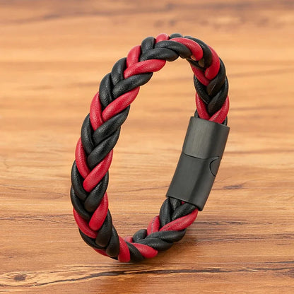 Black and red two-tone leather herringbone braid bracelet with a magnetic clasp