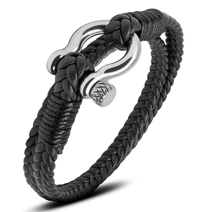 Black double-braided leather bracelet with a polished stainless steel shackle clasp, on a white background
