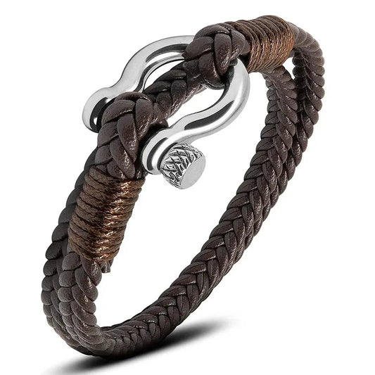 Brown double-braided leather bracelet with a polished stainless steel shackle clasp, on a white background