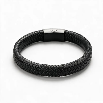 Black braided leather bracelet with a matte black magnetic clasp, on a white background.