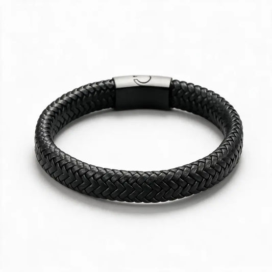 Black braided leather bracelet with a matte black magnetic clasp, on a white background.