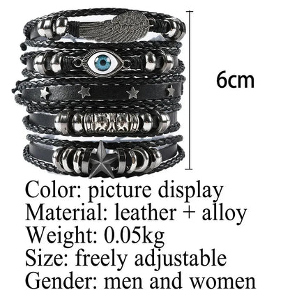 Five-piece black leather bracelet stack with a wing charm, blue evil eye bead, and star studs, labeled with its 6cm width and material specifications.