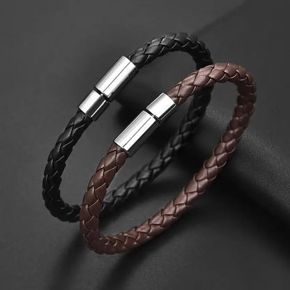 Black and brown braided leather bracelets with matching stainless steel magnetic clasps