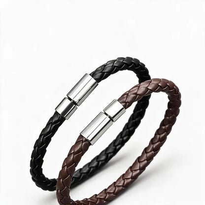 Black braided leather bracelet with a stainless steel magnetic clasp, on a white background.