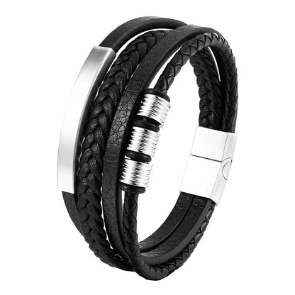 Multi-strand silver leather bracelet with a metal bar and silver ring discs, on a white background