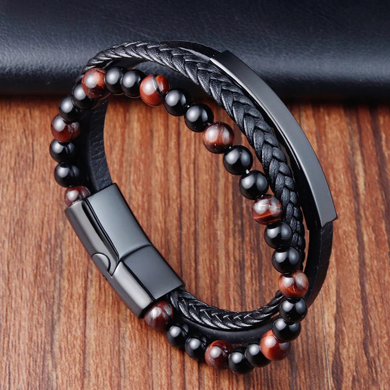 Multi-strand black leather bracelet with red tiger eye beads and black beads