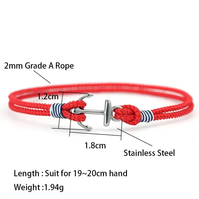 Men Bracelet Rope – Bosun Anchor Rope Bracelet showing the 2mm rope and stainless steel anchor clasp dimensions