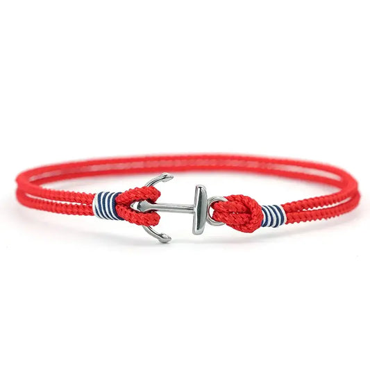 Red double-strand rope bracelet with an anchor-shaped stainless steel clasp