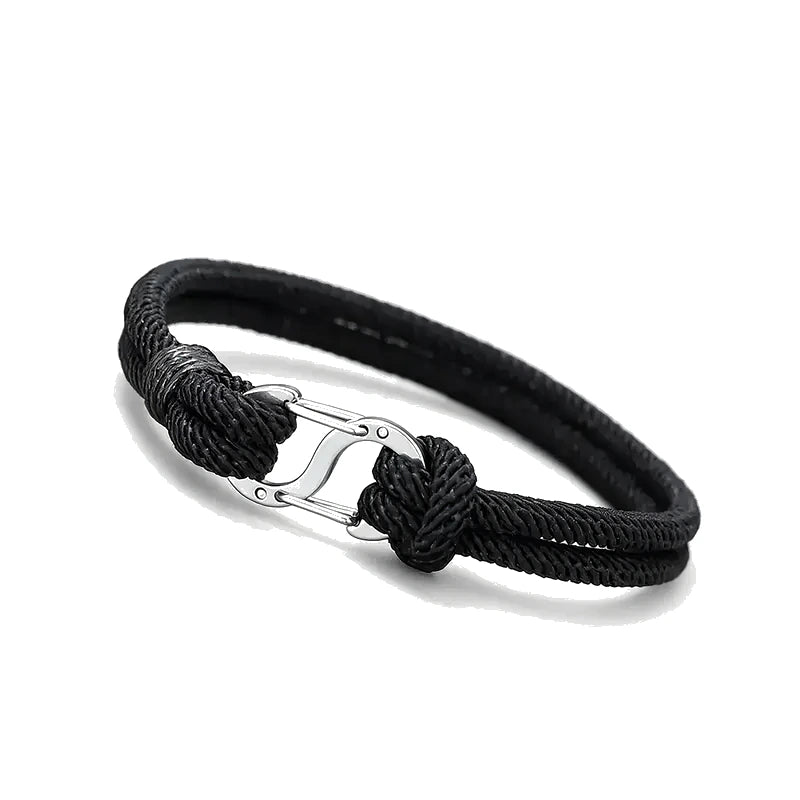 Current Milan Cord Bracelet, black rope with silver hook clasp, white background