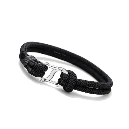 Current Milan Cord Bracelet, black rope with silver hook clasp, white background
