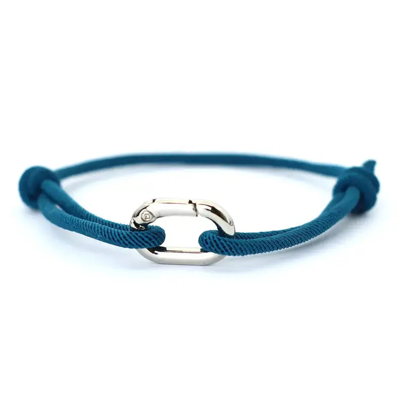 Peacock blue nylon cord bracelet with an alloy spring-clip clasp