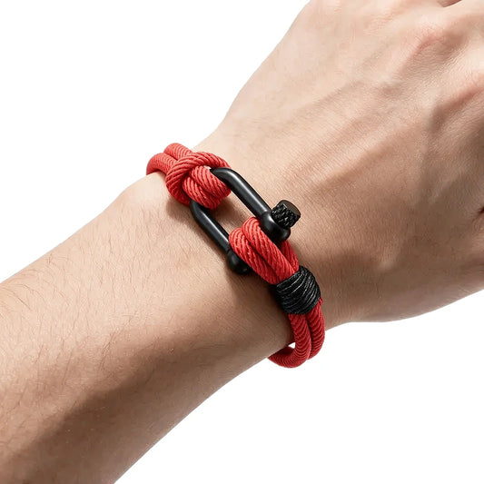 Helm Shackle Rope Bracelet, red rope with black shackle clasp, worn on wrist