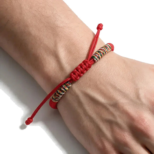 Karma Adjustable Knot Bracelet, red knotted adjustable cord, worn on wrist