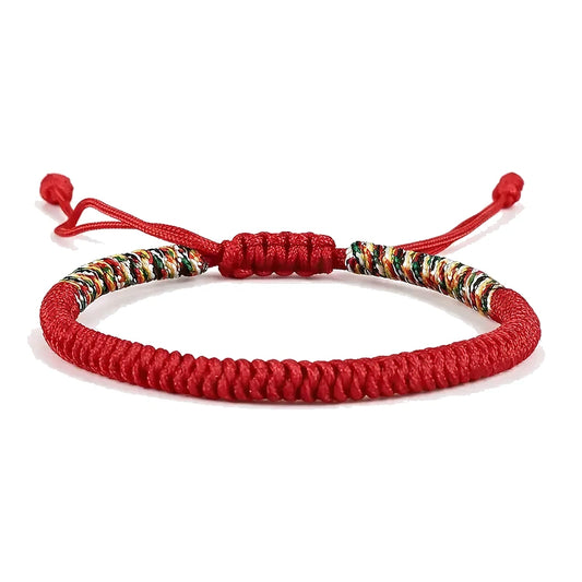 Karma Adjustable Knot Bracelet, red knotted adjustable cord, white background