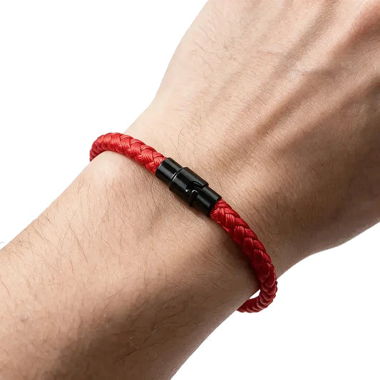 Keel Braided Cord Bracelet, red braided cord with black clasp, worn on wrist