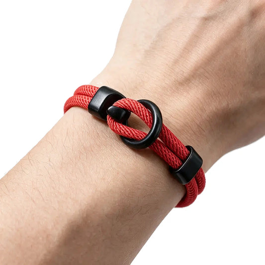 Moor Double-Loop Rope Bracelet, red braided rope with black clasp, worn on wrist