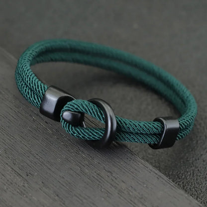 Green nylon rope bracelet double-wrapped with a black alloy hook clasp