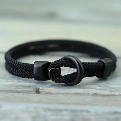 Black nylon rope bracelet double-wrapped with a black alloy hook clasp
