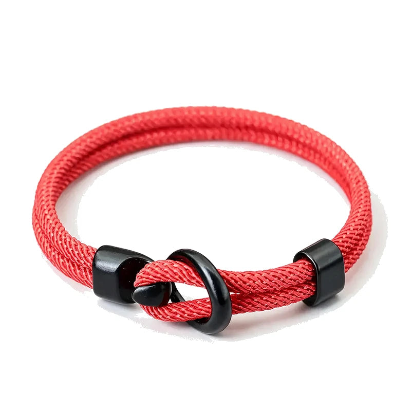 Moor Double-Loop Rope Bracelet, red braided rope with black clasp, white background