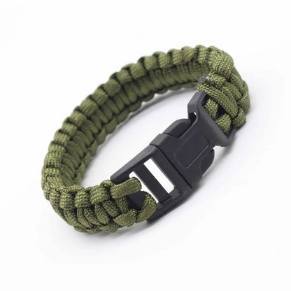 Cobra-weave paracord survival bracelet in Style E colorway with a plastic side-release buckle