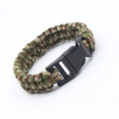 Cobra-weave paracord survival bracelet in Style D colorway with a plastic side-release buckle