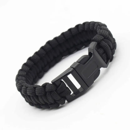 Cobra-weave paracord survival bracelet in Style F colorway with a plastic side-release buckle