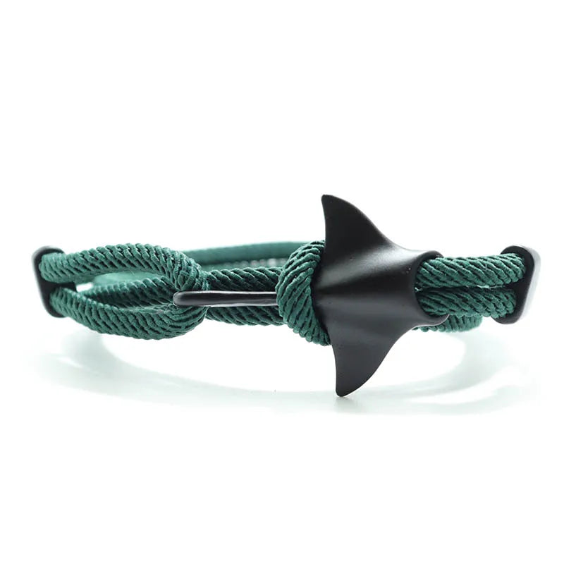 Manta ray charm in black finish with green cord