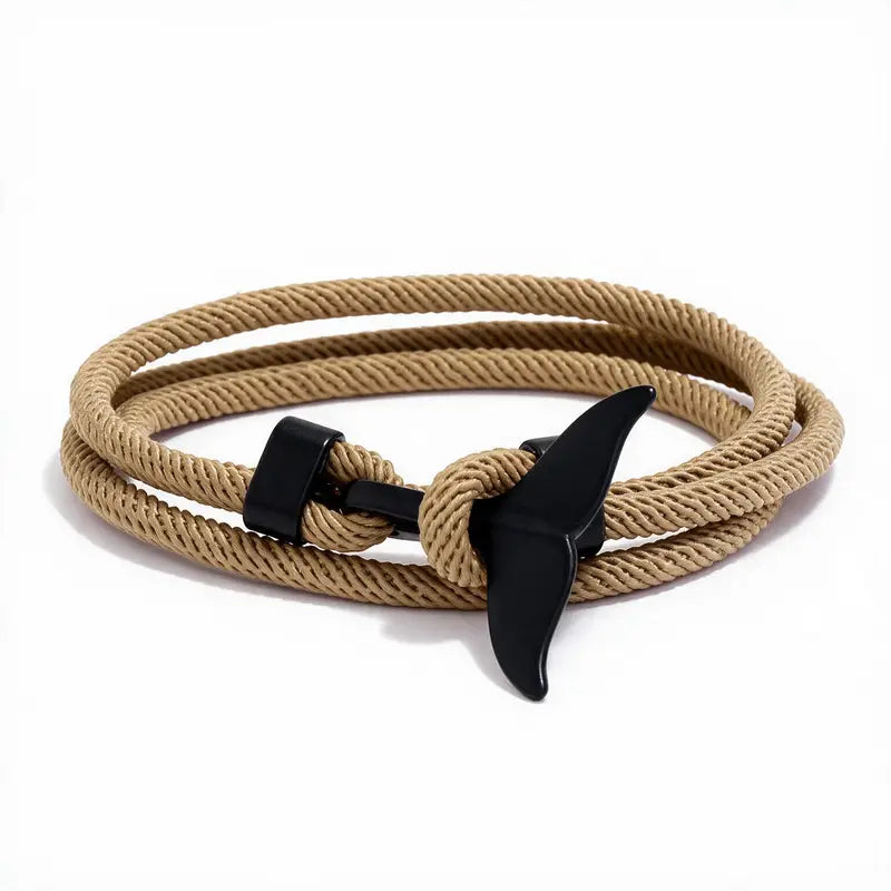 Whale tail charm in black finish on a khaki rope bracelet