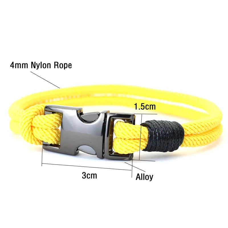 Men Bracelet Rope – Rigger Spring Buckle Rope Bracelet showing the 4mm rope and alloy buckle dimensions