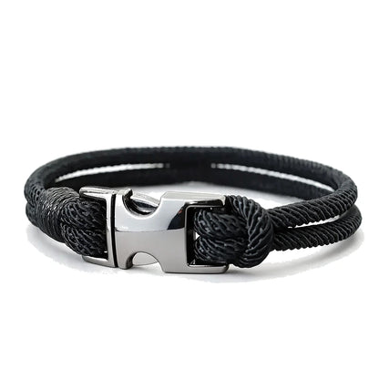 Rigger Spring Buckle Rope Bracelet, black rope with silver buckle clasp, white background