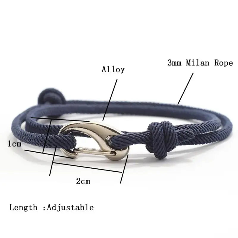 Diagram showing the 3mm cord thickness and alloy hook clasp dimensions of a double-wrap rope bracelet