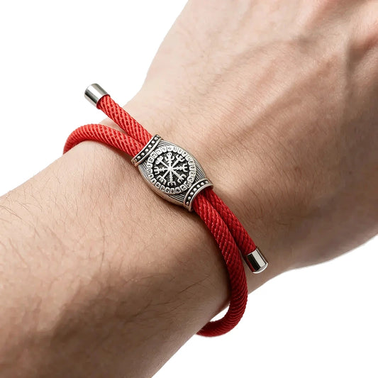 Vegvisir Rune Rope Bracelet, red rope with silver rune charm, worn on wrist