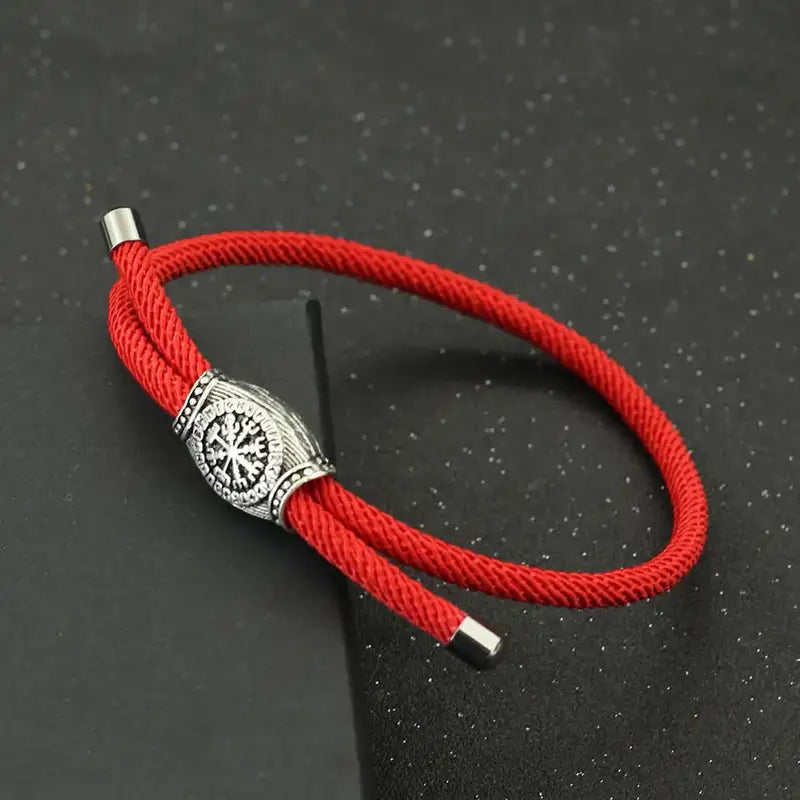 Red double-strand rope bracelet with an alloy Vegvisir rune bead