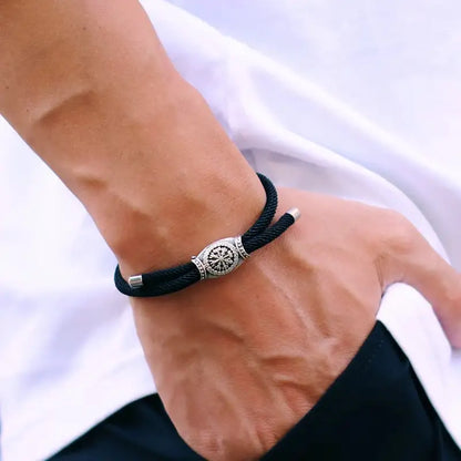 Black double-strand rope bracelet with an alloy Vegvisir rune bead